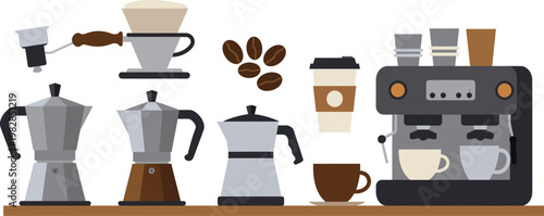 Coffee makers and accessories on a wooden countertop against a white background