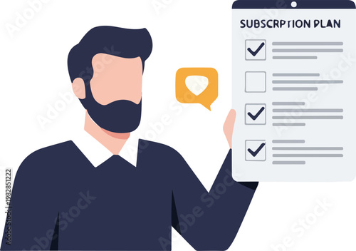 An illustrated bearded man holding a subscription plan document, thoughtfully selecting options with checkboxes, showcasing user choice and feedback.