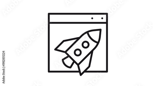 Website launch and startup concept vector icon illustration featuring a rocket ship inside a browser window, symbol for speed, performance, and web development, isolated on white background.