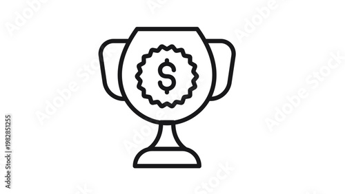 Black line vector icon of a trophy cup featuring a dollar sign symbol inside a serrated badge, representing financial success, business achievement, monetary prize, or winning a cash award.
