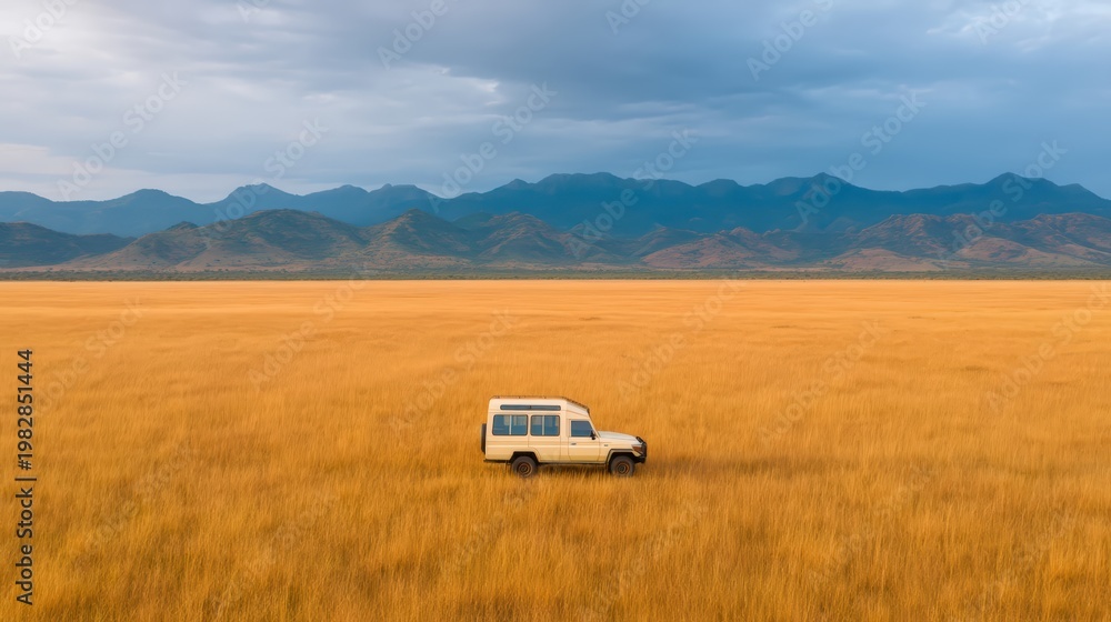 Fototapeta premium A lone white SUV drives through a vast golden grassland with a mountain range and cloudy sky in the background.