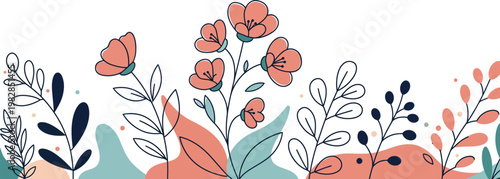 Colorful illustration of flowers and plants on a white background with soft pink and blue hues and black outlines
