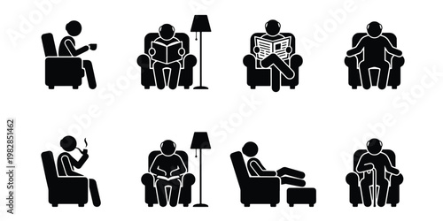 Stick figure people sitting in armchairs icon set, black silhouettes of men relaxing in chairs, 8 vector elements for home leisure and retirement