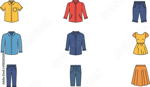 Collection of various colorful casual clothing items for men and women laid out on white background