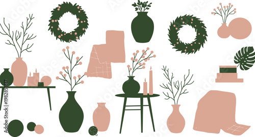 Minimalist still life arrangement with vases wreaths and plants in muted green and pink hues on white background