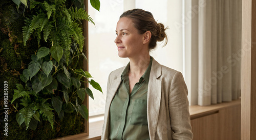 A woman in a beige blazer and green shirt looks out a window next to a living wall of plants.