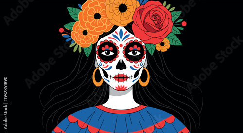 Day of the Dead Mexican Catrina Woman with Sugar Skull Face Paint and Floral Crown Vector for Dia de los Muertos Celebrations and Posters