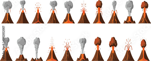 Volcano Eruption Stages Illustration Set Featuring Explosive Lava Flow, Ash Clouds, Smoke Plumes, and Different Phases of Volcanic Activity in Flat Vector Design.