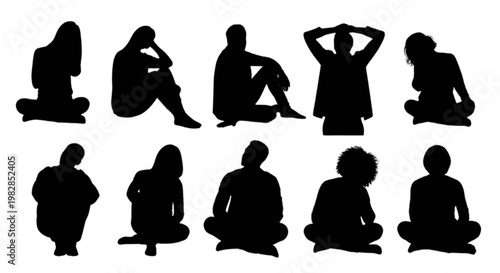 Diverse silhouettes of people in various seated and standing yoga poses isolated on transparent background, Vector