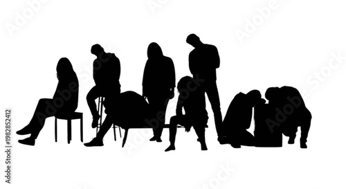Group of silhouetted people sitting and kneeling in a contemplative pose isolated on transparent background, Vector