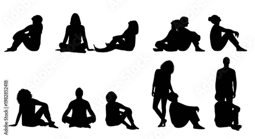 Silhouettes of people in various sitting and standing poses isolated on transparent background, Vector