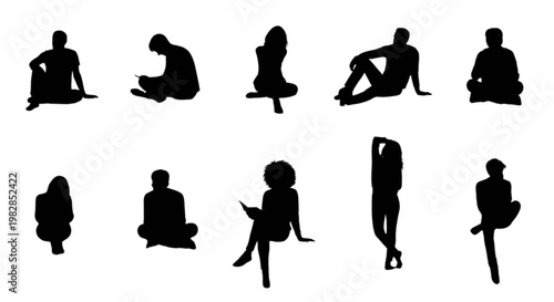 Silhouettes of diverse individuals in various sitting and standing poses isolated on transparent background, Vector