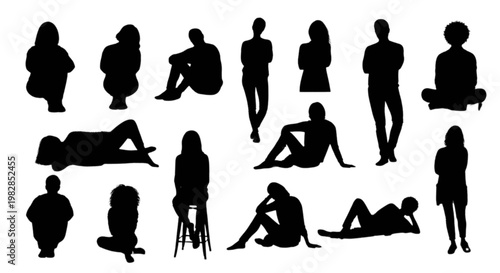 Silhouettes of people engaging in various outdoor activities and poses isolated on transparent background, Vector
