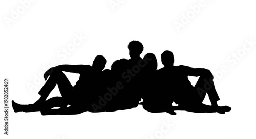 Four silhouetted people sitting closely together on the ground isolated on transparent background, Vector
