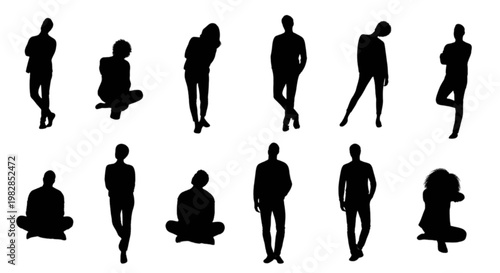 Collection of diverse silhouettes of people in various relaxed poses isolated on transparent background, Vector