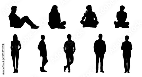 Diverse silhouettes of people in various seated and standing poses isolated on transparent background, Vector