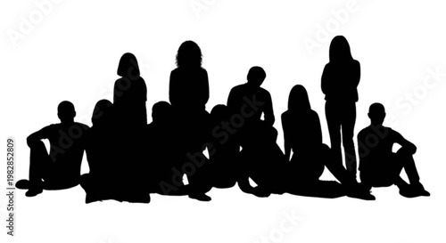 Group of diverse individuals sitting closely together in silhouette form isolated on transparent background, Vector