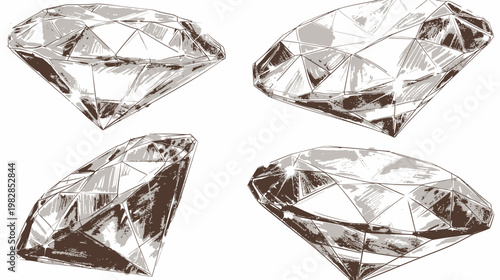 Four stylized renderings of faceted gemstones rendered in shades of grey and brown on a white background