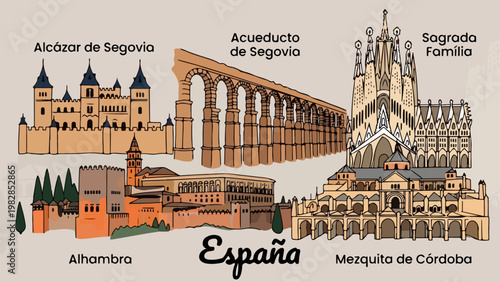 Spain travel landmarks flat illustration