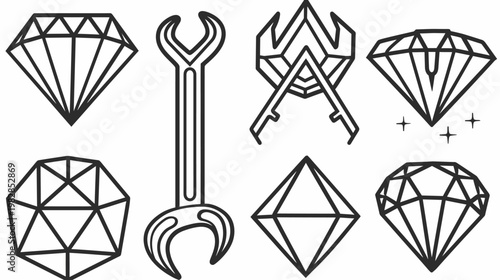 A collection of simple geometric line art illustrations of tools and gems, all in monochrome style