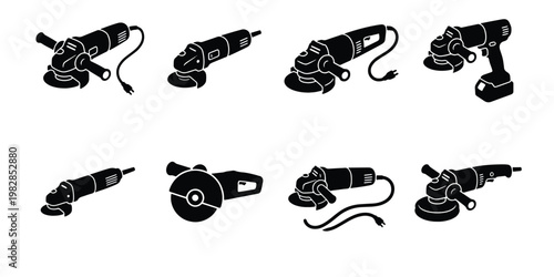 Industrial angle grinder icons set, black silhouette power tools collection, professional electric disc sander and metal cutting equipment vectors