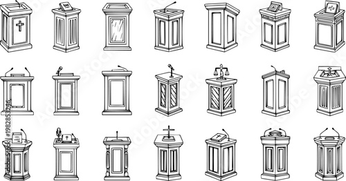 Diverse Hand Drawn Black  White Line Art Podiums and Lecterns Vector Set for Public Speaking, Religious, Legal, Political, and Educational Communication