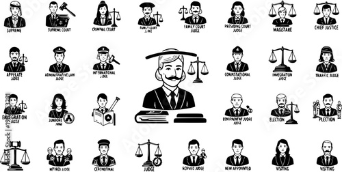Law and Justice Black and White Glyph Icon Set: Diverse Court Judges and Legal System Elements with Scales of Justice, Gavel, and Books for Judiciary Concepts.