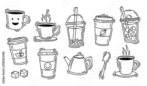 Modern mug and drink line icons vector set with coffee tea cups and beverage symbols in clean editable outline style