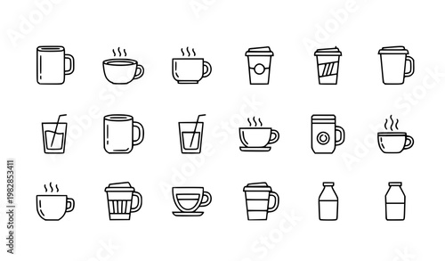 Hand drawn mug and drink doodle icon set with coffee tea and beverage elements in playful sketch line style