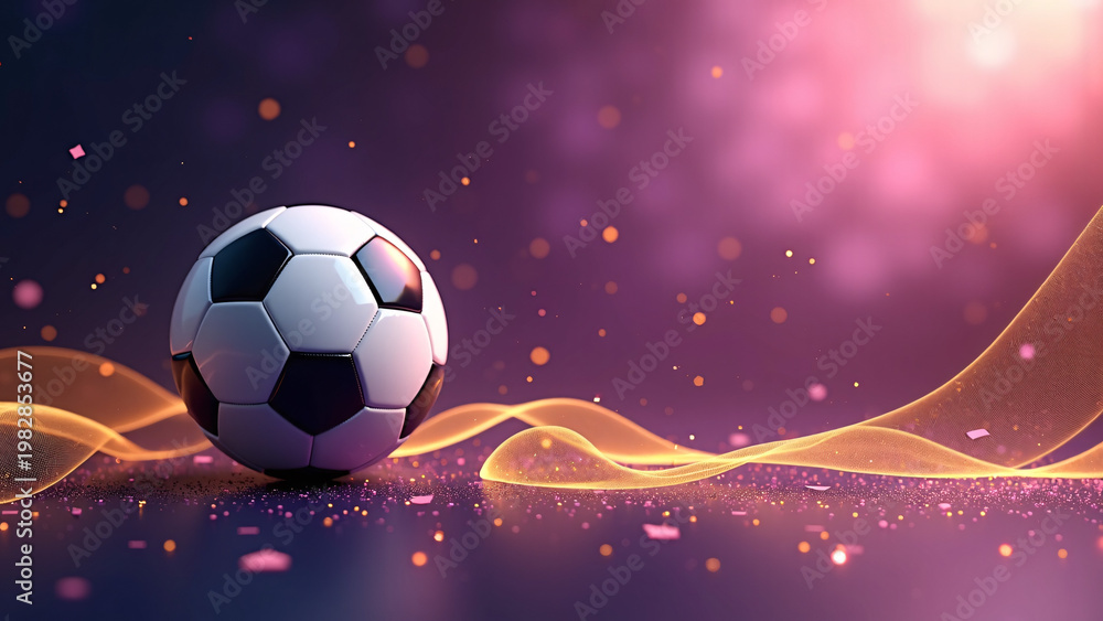 Naklejka premium A classic black‑and‑white soccer ball floats before a vibrant swirl of purple, pink, and orange light, glowing with motion, energy, and an abstract sense of creative excitement. 