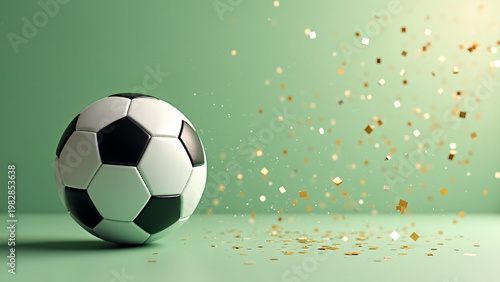 A classic black‑and‑white soccer ball sits on smooth green ground as a burst of golden particles erupts beside it, creating a dynamic, celebratory sense of motion and energy.
