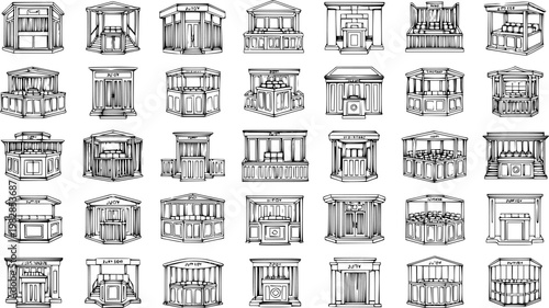 Hand-drawn Black  White Line Art Vector Collection of Legal Justice Courtroom Elements: Judge's Bench, Witness Stand, and Jury Box Architectures