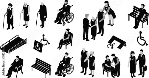 Black and White Icons Set of Elderly Care, Disability, and Assistance with Wheelchairs, Walking Aids, and Caregivers
