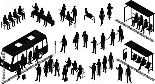 Black and White Icons Set of People Waiting for Transport, Using Public Transit, and Standing at Bus Stops