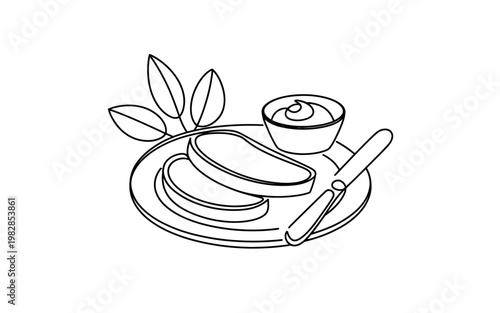 A simple line drawing of a plate with toast and butter on a table setting