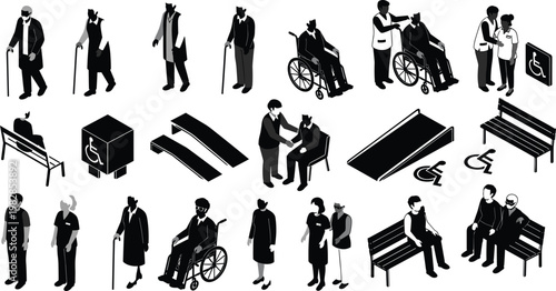 Black and White Icons Set of Disability Assistance, Elderly Care, and Wheelchair Accessibility