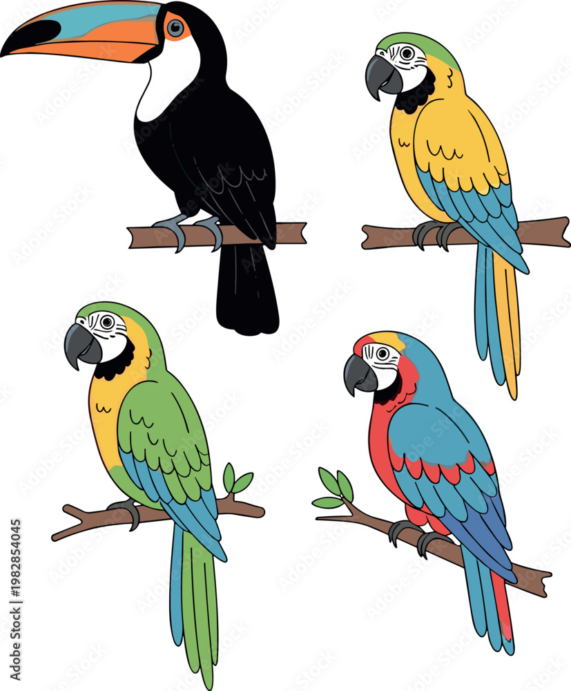 Fototapeta premium Set of tropical exotic birds including toucan and colorful macaws sitting on branches isolated on white background for summer nature wildlife vector design projects.