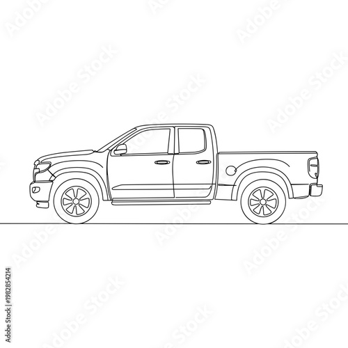 Line art icon of a pickup truck in minimalist design style representing transport vehicle