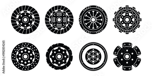 Automotive clutch disc icons set, 8 black vector car clutch plate silhouettes, mechanical transmission spare parts for vehicle repair and maintenance