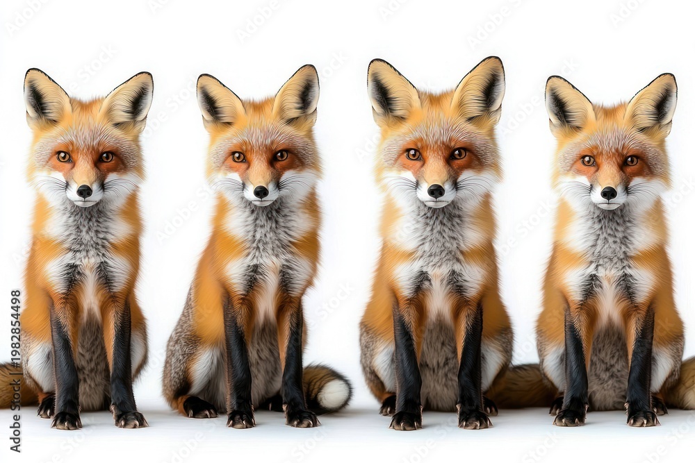 Fototapeta premium Four red foxes sitting in a row on a white background, three faces blurred and one clear fox staring with a calm curious expression