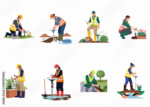 Set of workers installing and maintaining professional garden irrigation systems, including sprinklers and hoses, in various outdoor landscaping environments.