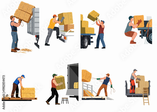 Flat vector illustration set of strong male farm workers loading, unloading, and stacking hay bales onto trucks and trailers during harvest season.