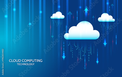 Modern cloud computing technology concept with digital data flow, arrows, and network connections. Abstract blue background representing data transfer, storage, and online services.