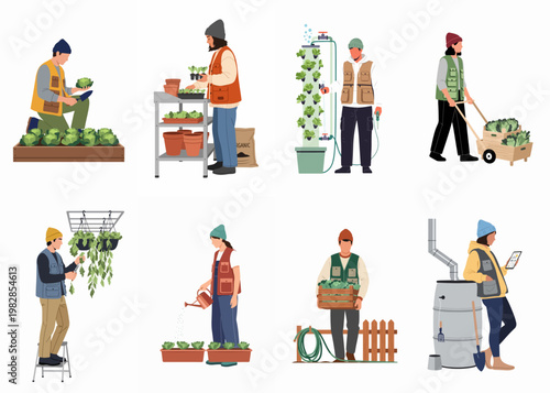 Set of modern urban farming and gardening illustrations showing people planting, harvesting, and managing sustainable agriculture systems like hydroponics and vertical gardens.