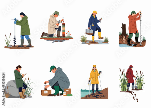 Set of Eight Vector Illustrations Depicting Environmental Scientists and Geologists Conducting Fieldwork, Soil Sampling, and Research in Wetland and Muddy Terrain.