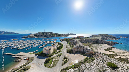 Iles du Frioul Islands with marina and Marseille in the background, Provence-Alpes-Côte d’Azur, France, Europe.