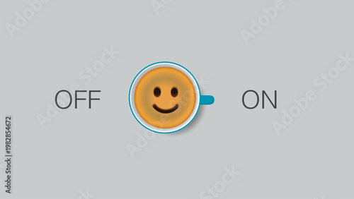 Latte art coffee with an on/off switch design. Top view of a coffee cup featuring a smile pattern. Concept of beverages, coffee shops, menus, work, and barista culture.