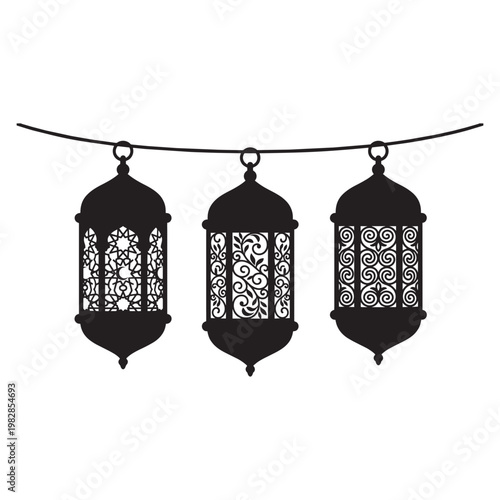 Black Lanterns Hanging on String Lights.