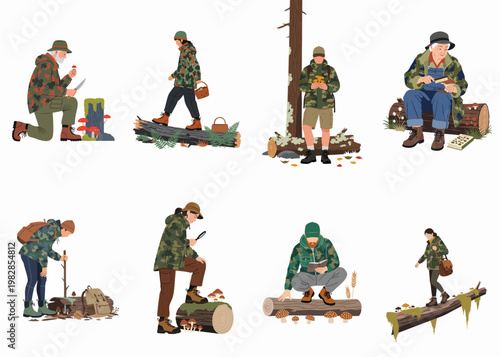 Collection of diverse people engaged in mushroom foraging and studying activities in the forest, wearing outdoor gear and camouflage clothing.