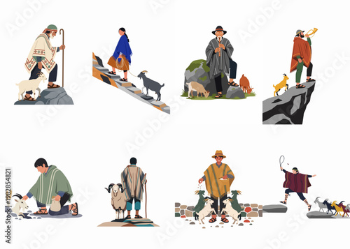 Flat vector illustrations of Andean shepherds in traditional clothing herding, feeding, and caring for goats and sheep in a mountainous landscape.